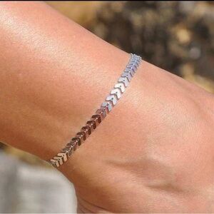 Silver-Tone Chevron Herringbone Anklet Adjustable Chain Minimalist Jewelry